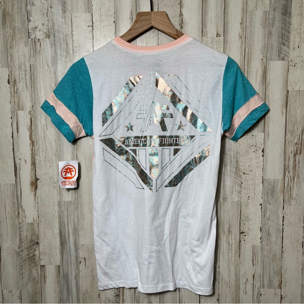 American Fighter White Blue Short Sleeve Tee Jersey‎ Style Womens Small - Picture 4 of 4